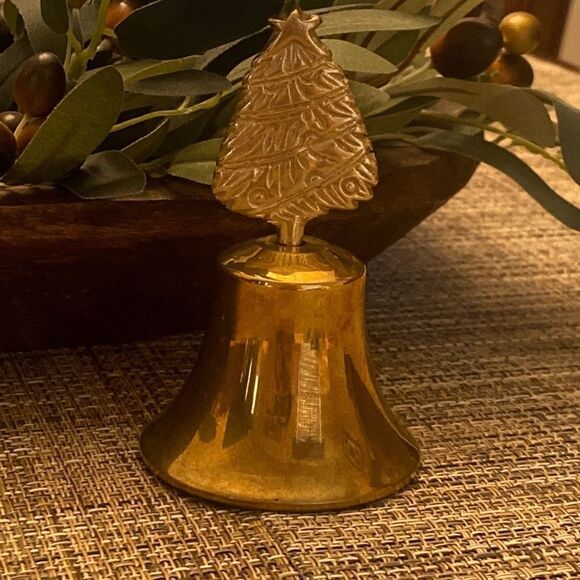 Vintage Solid Brass Bell with Christmas Tree Handle Musical Seasonal Star on Top - Picture 1 of 6
